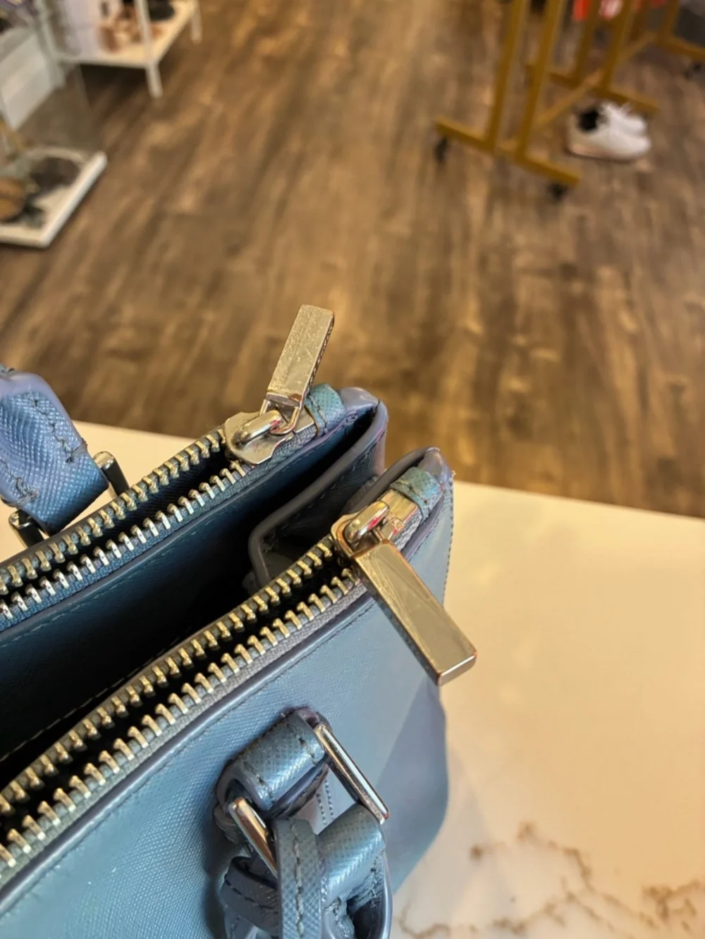 Tory Burch Blue Leather Double-Zip Satchel with Detachable Strap and silver
